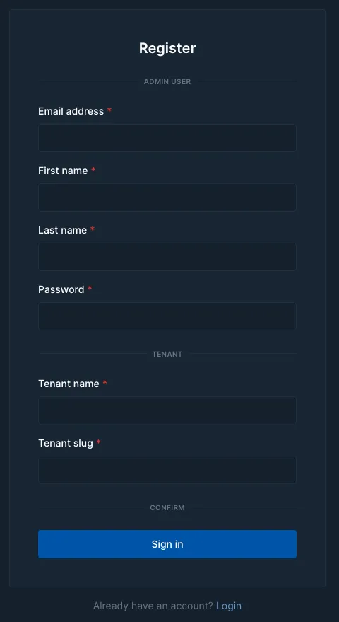 Mailcatcher's register form, showing fields to register a user and tenant