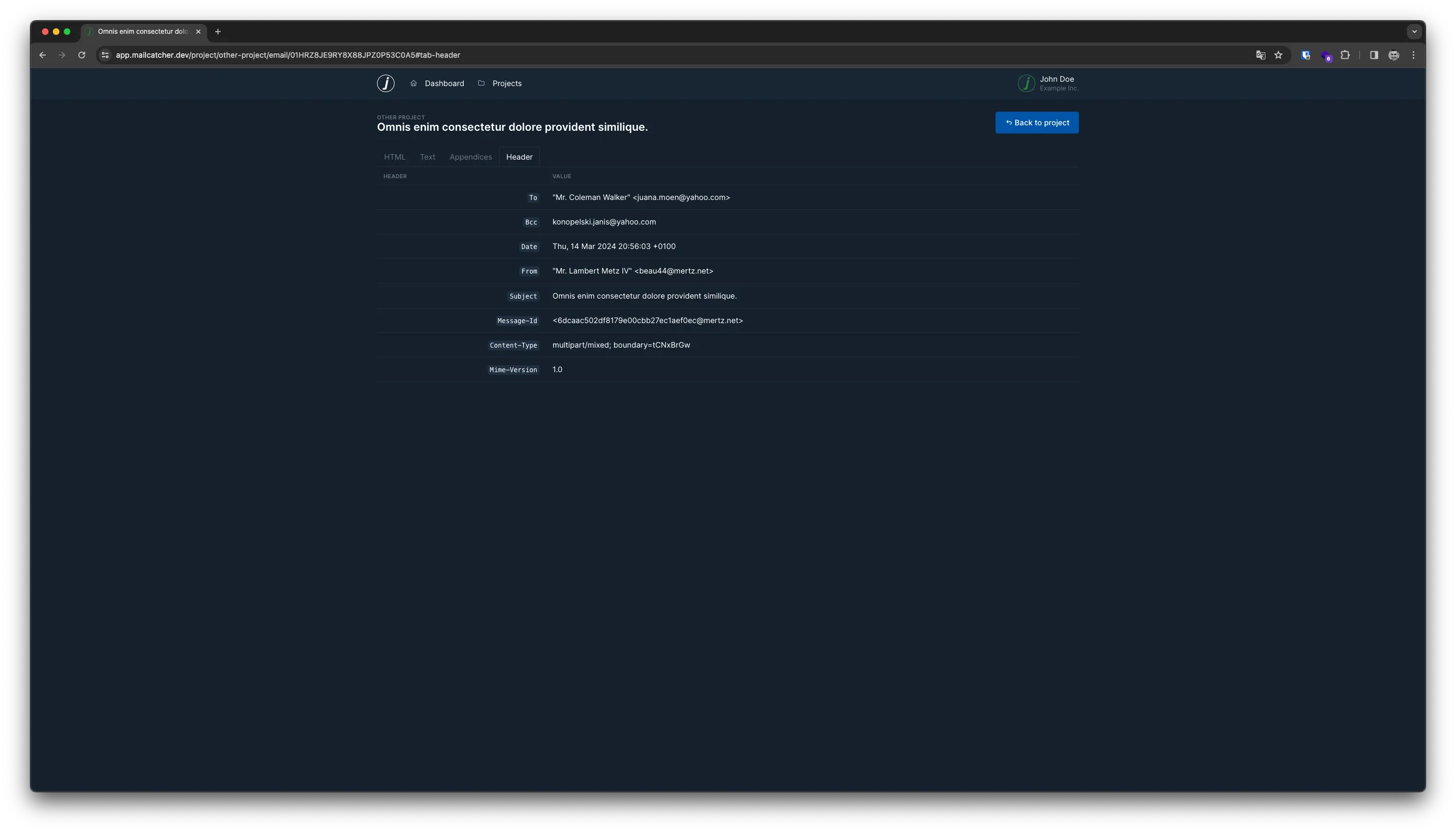 Table of projects, showing the columns name, smtp username and storage.