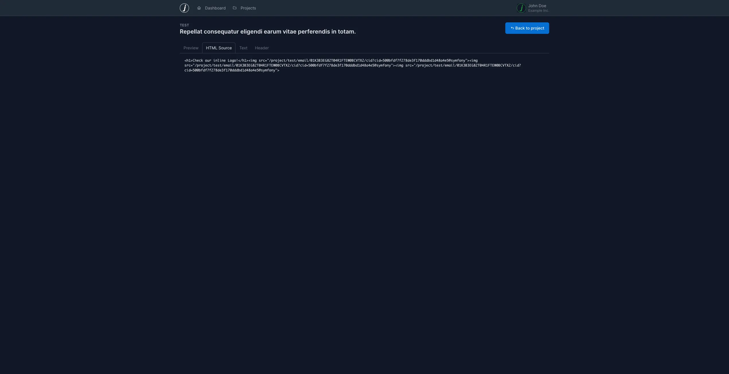 Email in Mailcatcher, showing the HTML source of the email.
