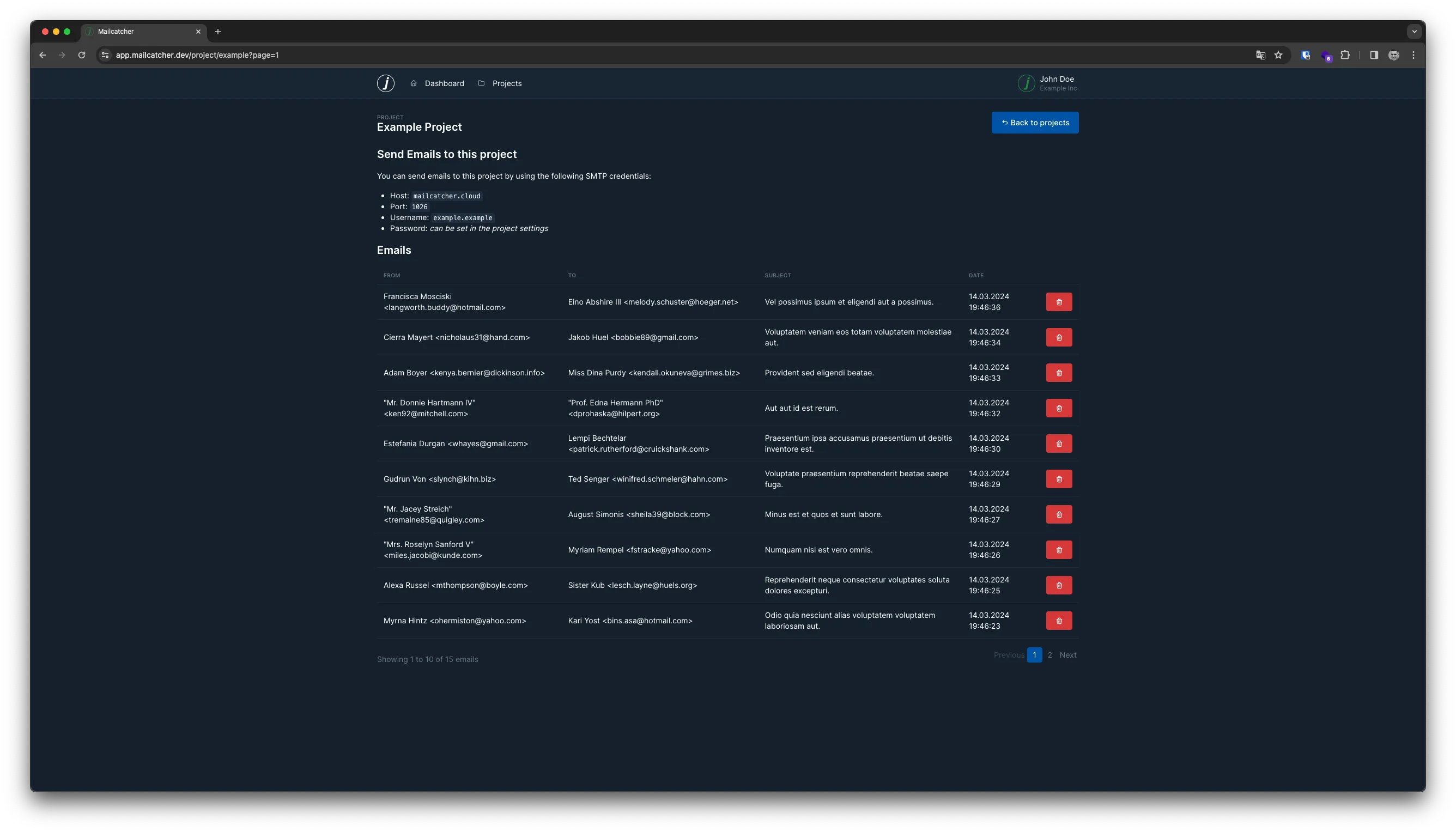 Paginated table of emails, showing the columns from, to, subject and date.