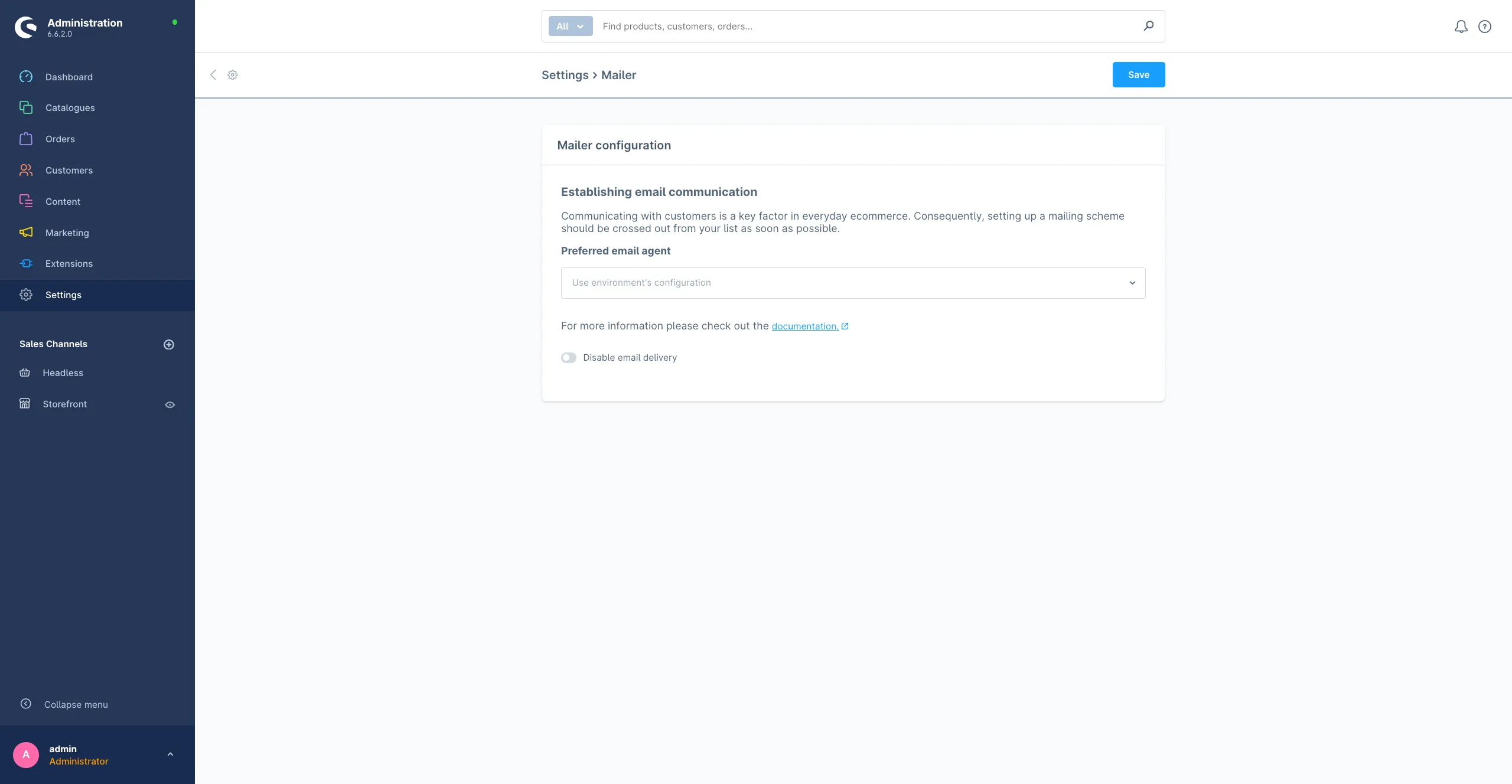 Shopware 6 Administration showing the Settings > Mailer page in the Use environment's configuration mode.