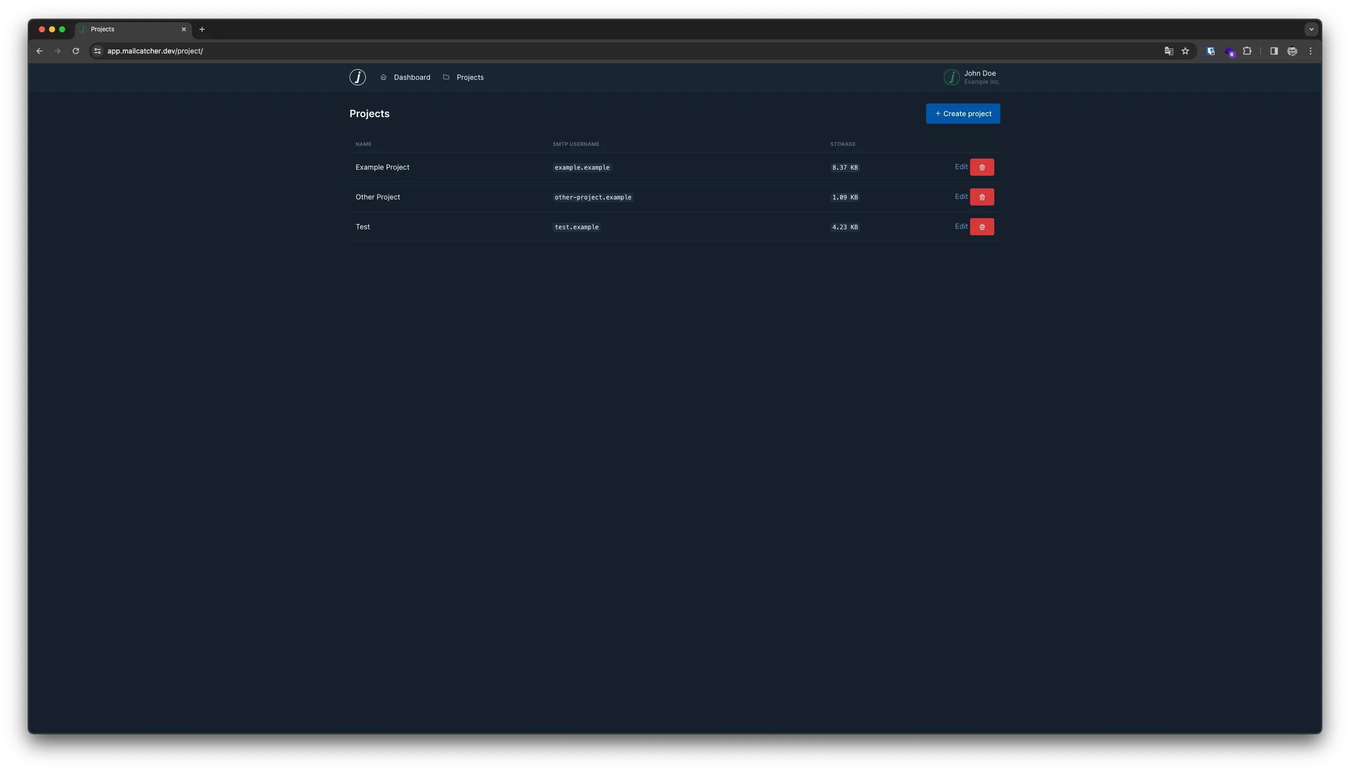 Table of projects, showing the columns name, smtp username and storage.