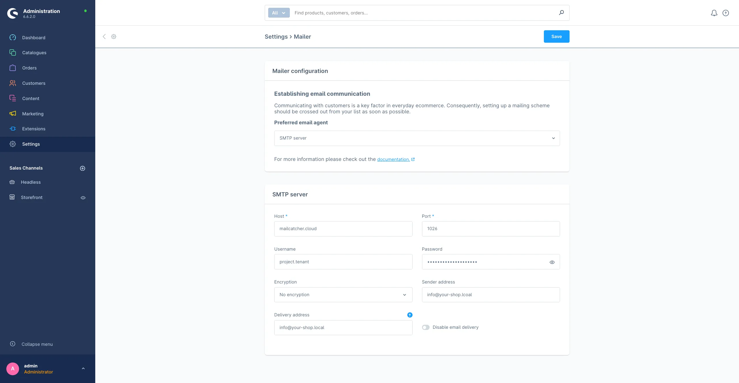 Shopware 6 Administration showing the Settings > Mailer page in the SMTP Server mode.