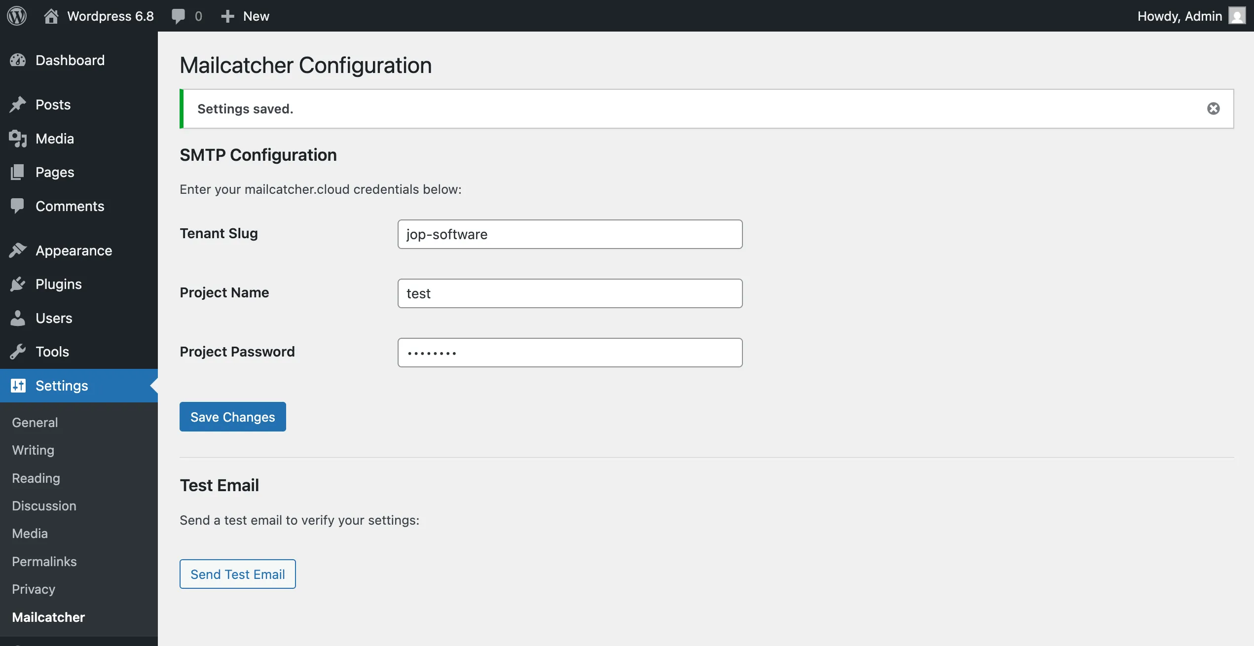 Wordpress backend showing the Mailcatcher SMTP Settings.