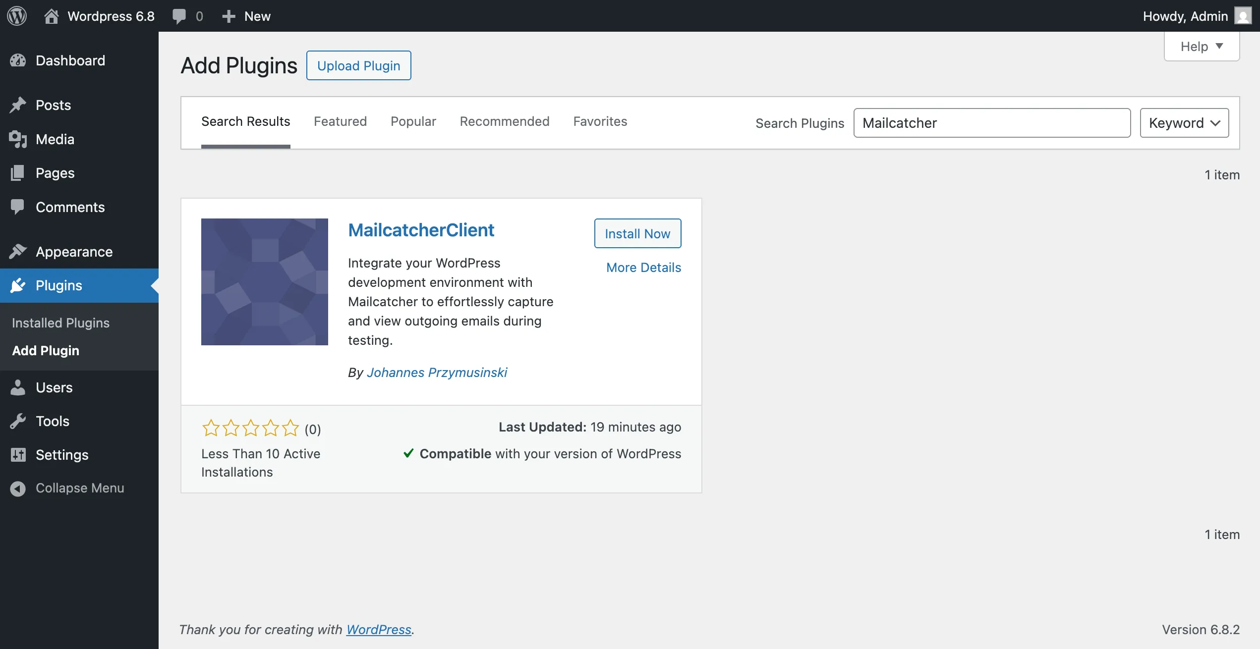 Wordpress backends Add Plugin page showing the MailcatcherClient plugin.