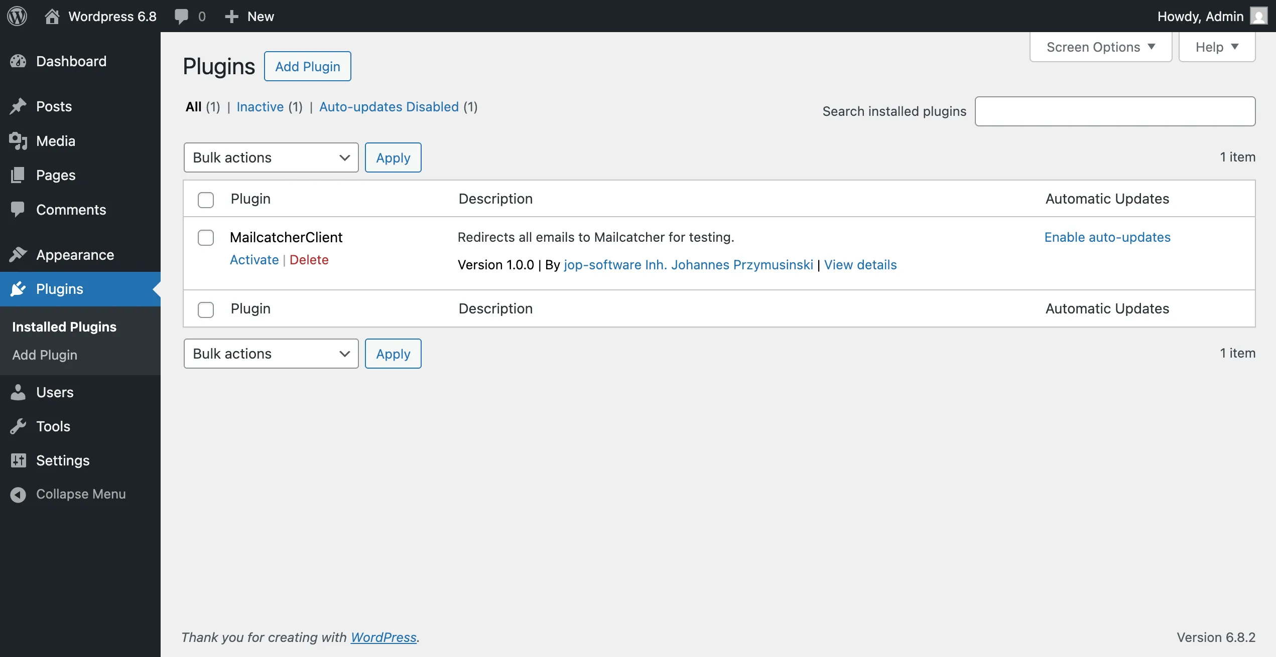 Wordpress backends Plugin list showing the inactive MailcatcherClient plugin.
