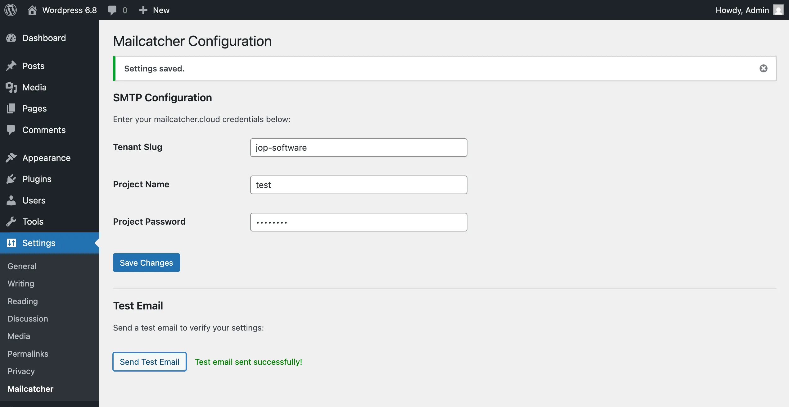 Wordpress backend showing the clicked test email button.